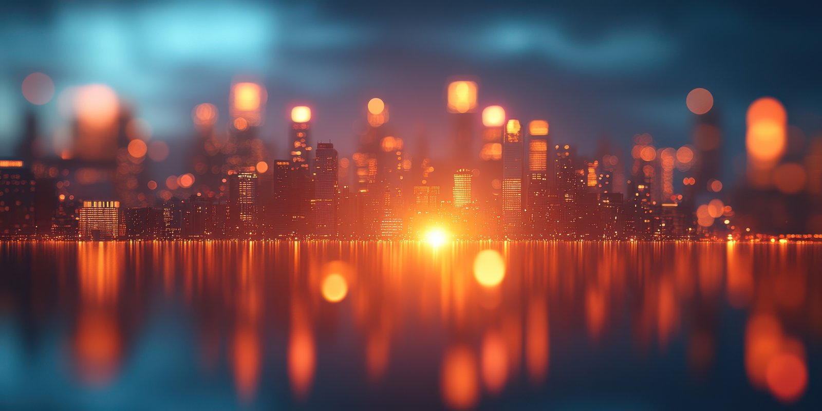 City skyline illuminated by golden lights at dusk with a tranquil waterfront reflecting hues